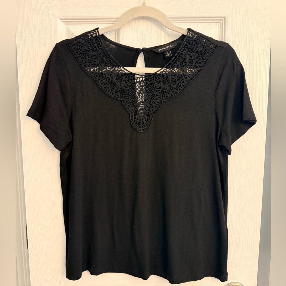 Banana Republic Factory Black Short Sleeve Top with Lace Detail